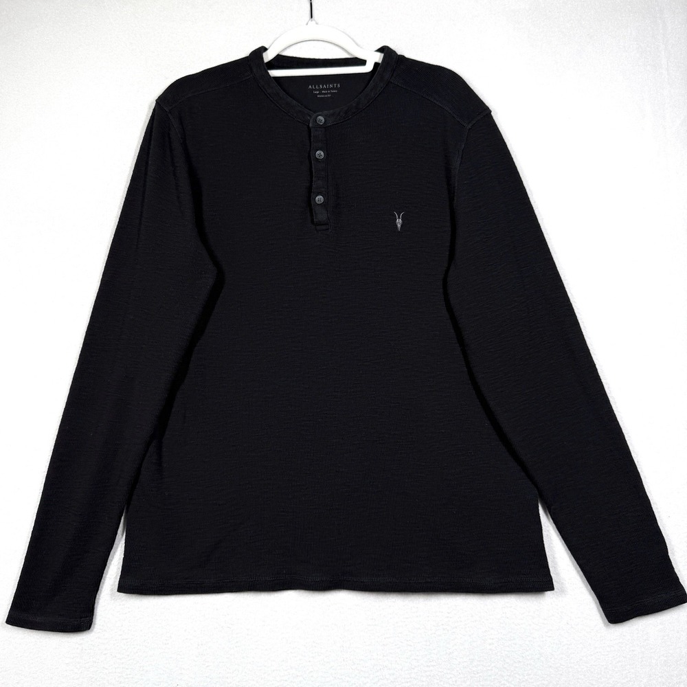 All Saints Muse Henley Shirt Mens Large Black Thermal Waffle Knit Heavyweight